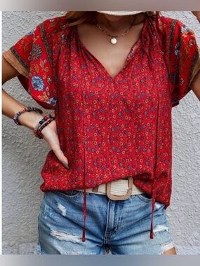 SHEIN Red Floral Tie-Neck Boho Blouse
